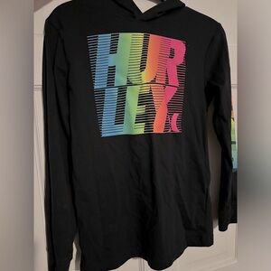 Black Hurley hooded long sleeve tee shirt with colorful logo. Size girls Large